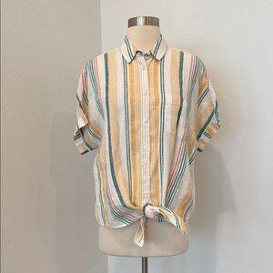 Madewell Linen Short-Sleeve Tie-Front Shirt in Pineapple Stripe, Sz M